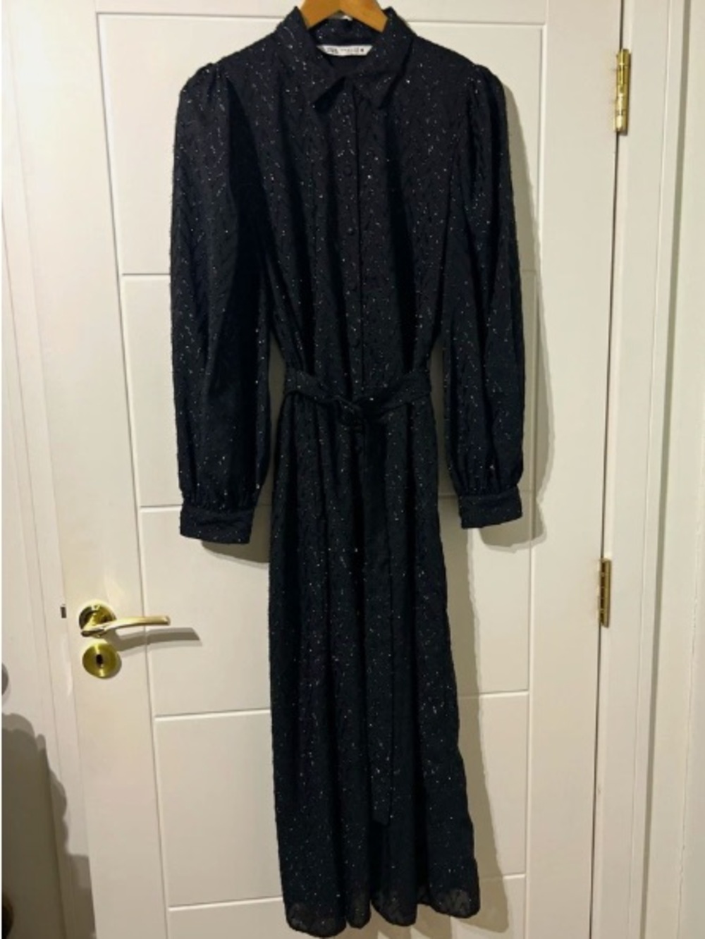 Black Sparkle Long Sleeve Shirt Dress with Tie Waist